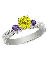 1.00 Ct Round Canary Diamond Purple Amethyst 14K White Gold 3-Stone Ring