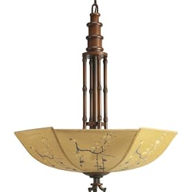 Progress Lighting P2874-112 Three-Light Inverted Pendant with Exotic Silk Shade Featuring Masterfully Hand-Painted Cherry Blossom Motifs Supported By Bamboo-Styled Frames, Burnished Rattan