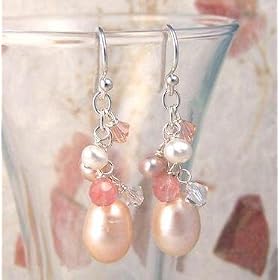 Sterling Silver Freshwater Pearls, Swarovski Crystals, and Quartz Cluster with Peach Pearl Drop...