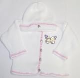 Ck673, Knitted on Hand Knitting Machine White Cotton Trimmed By Hand Crochet with Raspberry Cotton Cardigan Hat for Infant Girls Trimmed with Butterfly