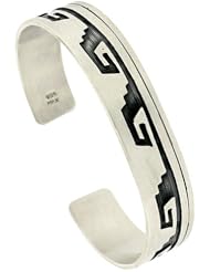Sterling Silver Flat Cuff Bangle Bracelet with Hopi Greek Key Pattern 1/2 inch wide,