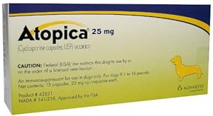 Atopica Capsules (Yellow) - 25 mg - 9.1-16 lbs - 15 count Atopica Capsules (Yellow) - 25 mg - 9.1-16 lbs - 15 count