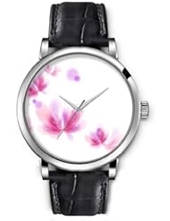 SPRAWL Aanalog Fashion Series Silver Ladies Watches of Genuine Black Leather Strap,Unique Wrist Watch for Women Girls Designed with Pink and lilac flowers