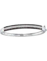 14K White Gold Pave Set Black and White Round Diamonds 4 Four Rows Lines Fashion Womens Ladies Bangle Regular Size 7.25" (1.49 cttw G - H Color I1 - I2 Clarity)