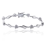Rhodium Plated Sterling Silver Cubic Zirconia Heart Stations Bracelet, 7.25
