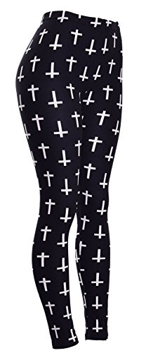 VIV Collection Women's Plaid High Quality Silked Leggings (Mini White Crosses on Black)