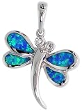 Sterling Silver Dragonfly Pendant, Inlaid w/ Lab Opal 3/4 (19 mm) tall,
