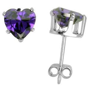 3/4 carat size Heart-cut Amethyst colored Sterling Silver Cubic Zirconia Stud Earring