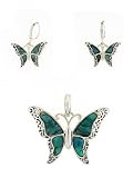 Fashion Jewelry ~ Green Mix Antique Silvertone Abalone Butterfly Pendant and Earrings Set (Style#:MCE1455 GrnMix)