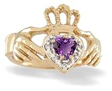 14K Yellow Gold Genuine Heart Amethyst and Diamond Celtic Claddagh Ring