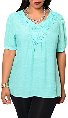 DHStyles Women's Plus Size Crochet Neckline Sheer Chiffon Top-1X - Mint