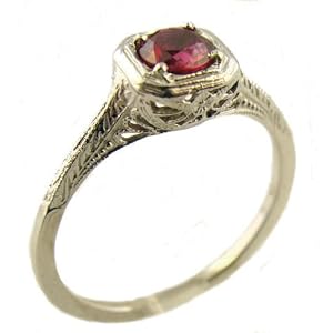 14k White Gold Antique Style Filigree .60ct Genuine Ruby Ring (sz 8) by Janeliunas Jewelry