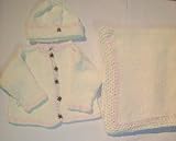 Knitted on Hand Knitting Machine Finished By Hand Crochet White Chenille Baby Pink Trim Infant Girls Outfit Cardigan Hat Set Trimmed with Brass Teddy Bear Buttons and Matching Blanket