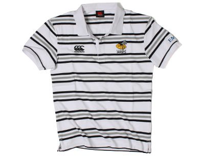 London Wasps Players Striped Media Rugby Polo Shirt White/Grey/Black - size S London Wasps Players Striped Media Rugby Polo Shirt White/Grey/Black - size S