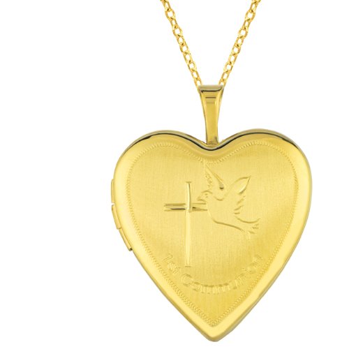 14K Gold over Sterling Silver Heart Shaped Locket w/ cross dove Necklace