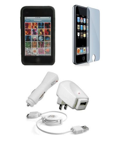 Apple iPod Touch 3G Accessories. Premium Accessory Kit for iPod Touch 3rd Generation: Black Silicone Skin Case Cover Protection + USB Car Auto DC Charger + USB Travel Home AC Charger + USB Retractable Cable + Full body Screen Protector