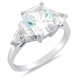 Size 4 - Solid 14k White Gold 3 Three Stone Emerald Cut Solitaire with trillion Side Stones Highest Quality CZ Cubic Zirconia Engagement Ring 2.5ct.