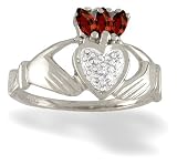 14K White Gold Genuine Marquise Garnet and Diamond Celtic Claddagh Ring