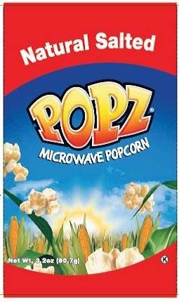 Popz Natural Microwave Popcorn Bags 3.2 Ounces (36 Bags in a Case)