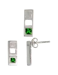 Sterling Silver Matte-finish Bar Earrings (12mm tall) & Pendant Slide (14mm tall) Set, w/ Princess Cut Emerald-colored CZ Stones