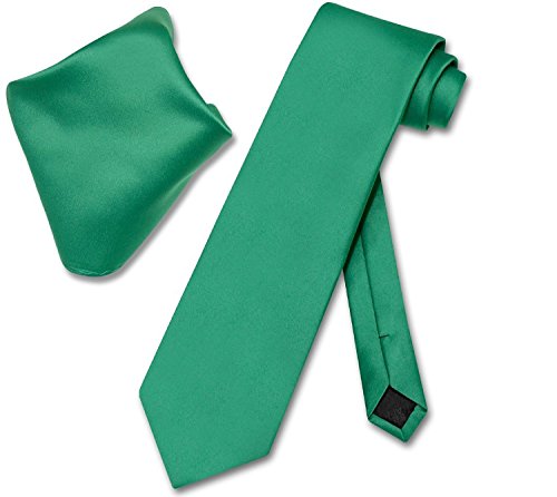 Men's Solid Color NeckTie & Matching Pocket Square Handkerchief Set (Emerald Green)
