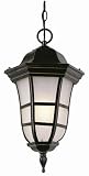 Estate collection tear drop hanging lantern, frosted glass, with open window frame. Rich beveled edging on canopy in weathered bronze finish.