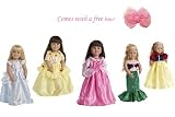 Set of 5 Princess 18 inch Doll Clothes w/ Free Bow for American Girl: Cinderella, Sleeping Beauty, Belle, Ariel, Snow White