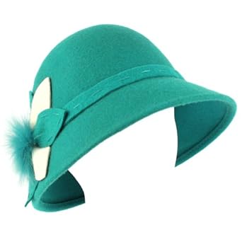 100% Wool Real Fur Floral Winter Structured Cloche Bucket Bell Church Hat Teal