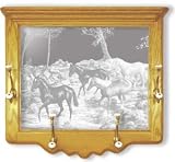 Wall Mounted Etched Mirror Coat Rack - Horses Art Etching - Solid Oak, Hand-Rubbed Finish