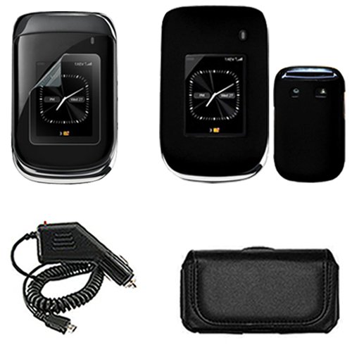 iNcido Brand Blackberry Style 9670 Combo Rubber Feel Black Protective Case Faceplate Cover + Rapid Car Charger + Black Horizontal Leather Pouch + LCD Screen Protector for Blackberry Style 9670