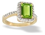14K Yellow Gold Genuine Emerald-cut Peridot and Diamond Ring