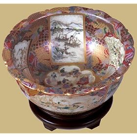 Asian Furniture and D�cor - 16 Japanese Satsuma Design Porcelain Decorative Bowl w  Stand by ORIENTAL FURNITURE