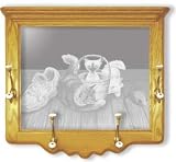 Wall Mounted Etched Mirror Coat Rack - Cute Kittens Art Etching - Solid Oak, Hand-Rubbed Finish