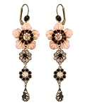 Vintage Style Michal Negrin Irresistible Dangle Earrings Ornate with Hand Painted Flowers, Black and Beige Swarovski Crystals and Tear Drops