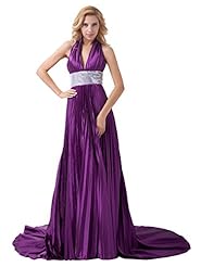 A-line V-neck Sequined Lace Floor Length Halter Satin Natural   Waistline Prom Dress 