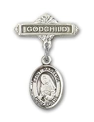 Sterling Silver Baby Badge with St. Madeline Sophie Barat Charm and Godchild Badge Pin