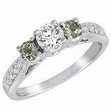 10K Gold Round 3 Stone Diamond and Green Amethyst Ring With Milgrain Pave Set Shank (0.95 ctw)