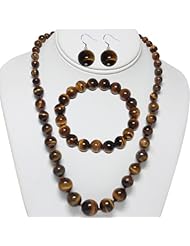 Hydia Tiger Eye Graduated Round Bead Necklace Bracelet and Earrings Set
