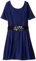 Girls Elasticized   Waistline Striped Print Scoop Neck Belted  Metallic/Polyester/Spandex Short Sleeves  Dress With Rhinestones