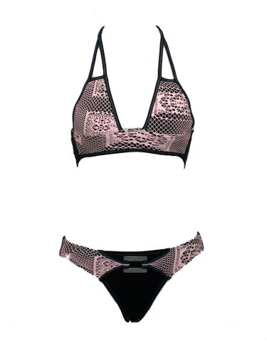 Becca Black Pink Crochet Halter Bikini w/Buckle S