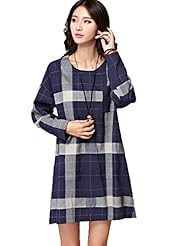 Plus Size A-line Plaid Print Cotton/Linen  Dress
