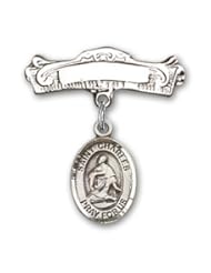 Sterling Silver Baby Badge with St. Charles Borromeo Charm and Arched Polished Badge Pin. Catholic Saint Charles Borromeo Patron Saint of Catechists, Seminarians
