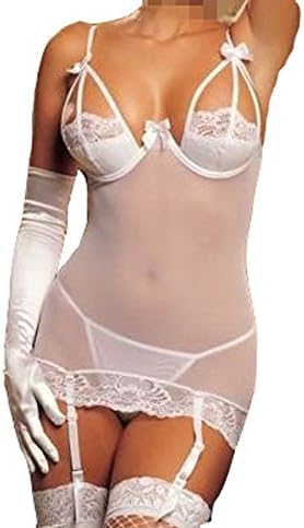 Alicelingerie Women's Lace Elastic Hollow Lace Lingerie with Garter Belt White XX-large