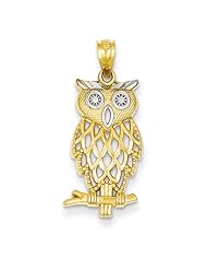 14k Yellow Gold w/Rhodium Plated Diamond Cut Owl Pendant 1 1/8"