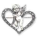 Sterling Silver Marcasite Cherub Heart Pin