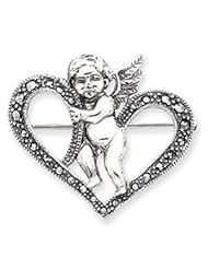 Sterling Silver Marcasite Cherub Heart Pin