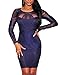 Cfanny Women's Lace Nude Illusion See Through Sleeves Bodycon Dress,Royal Blue,Large