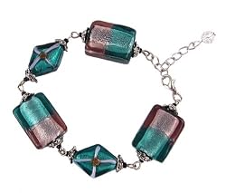 Bracelet - B57 - Murano Style Glass - Rectangle & Diamond ~ Teal & Amethyst