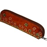 Genuine Cowhide Leather Pencil Bag, an Unique Design Item, Butterfly & Flower Pattern Embossed - Brown