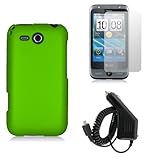 HTC FREESTYLE F5151 - NEON GREEN RUBBERIZED HARD CASE COVER + CAR CHARGER + ....